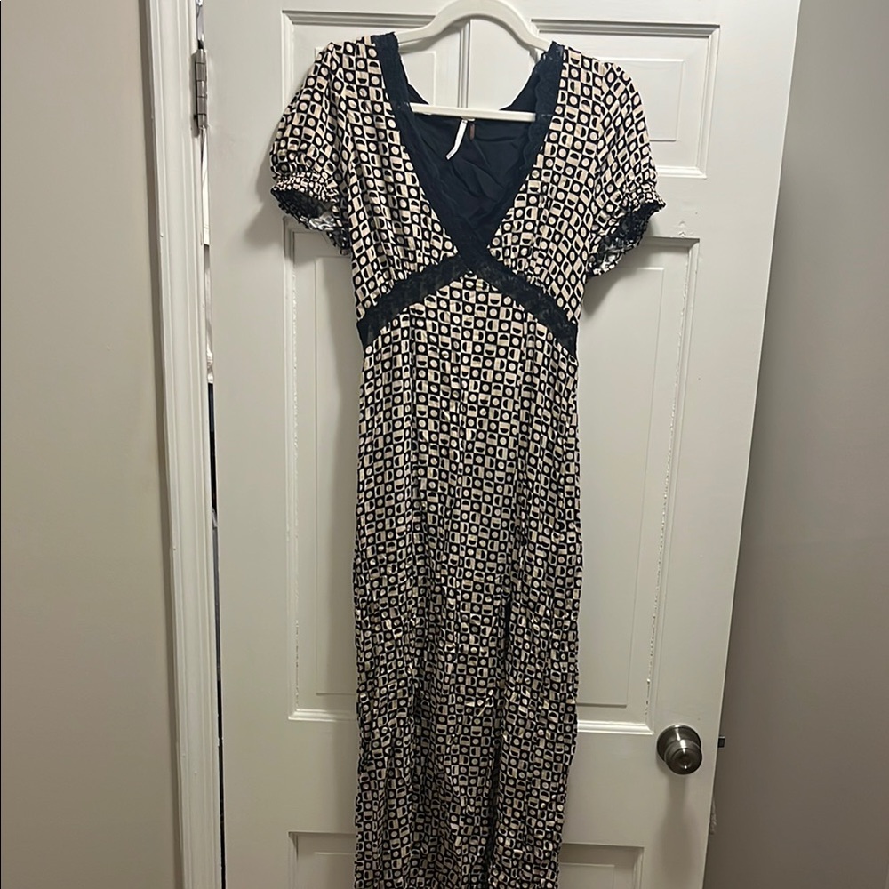 Free People Black and Tan Geometric Printed Maxi Sundress with Lace Trim Sz S